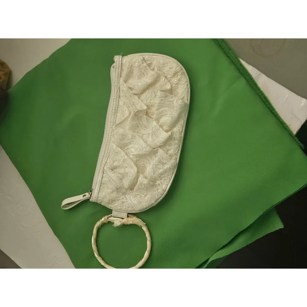 Ivory White Lace Ruffle Croc Embossed Wristlet Hoop Handle Evening Clutch Bag